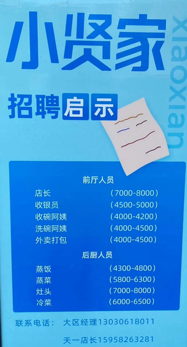 店長、收銀員、收碗洗碗阿姨、蒸飯、蒸菜、灶頭、冷菜